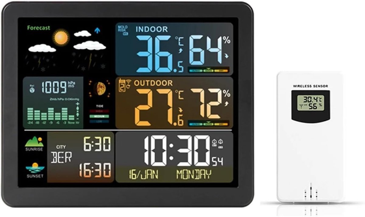 Weerstation Binnen Buiten - Digitale Klok Thermometer - Weersvoorspelling Monitoren - Met Externe Sensor - Temperatuur Vochtigheid - Zwart
