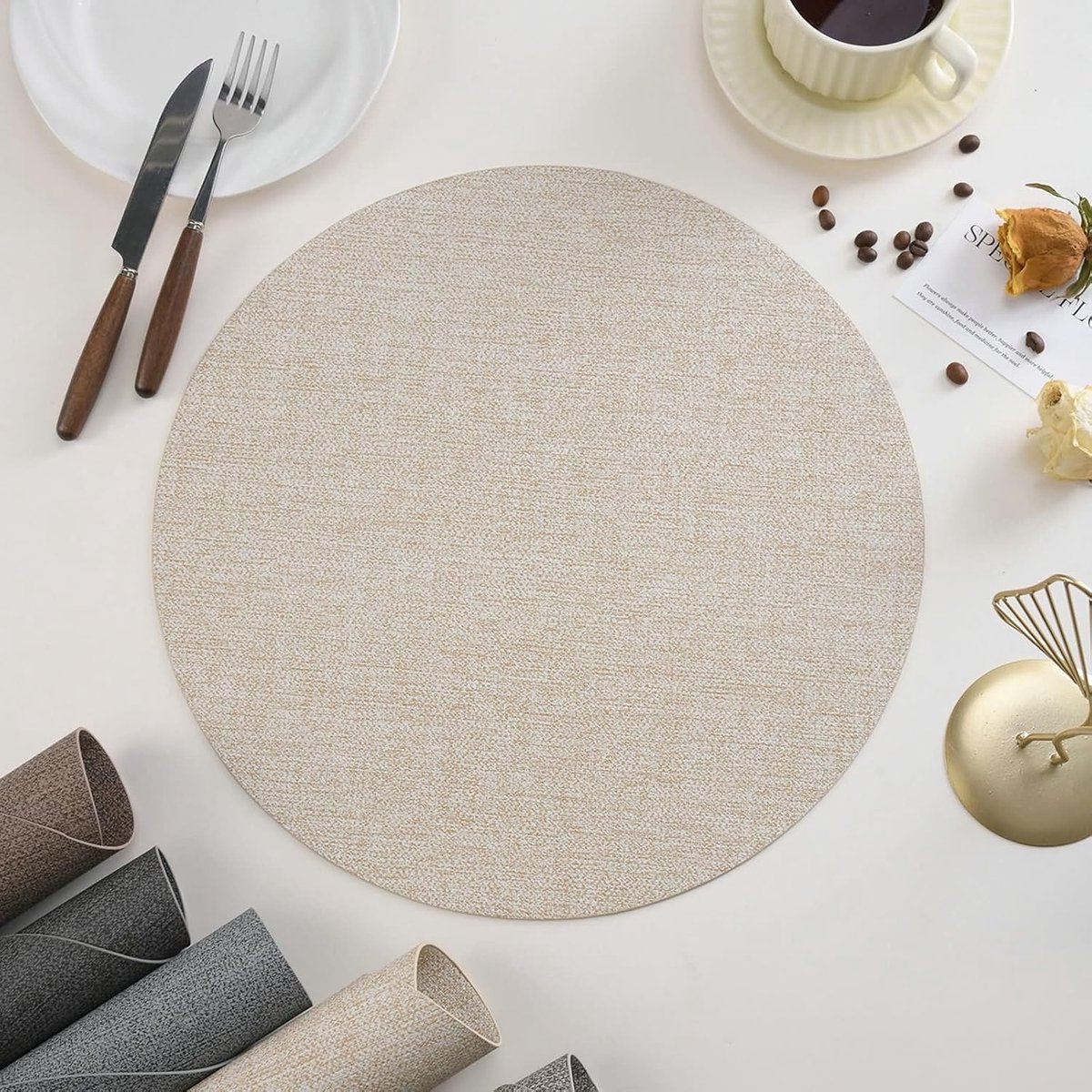 Ronde Placemats - Tafelonderleggers - Bescherming Tafel - Antislip PVC - 38 cm - Beige