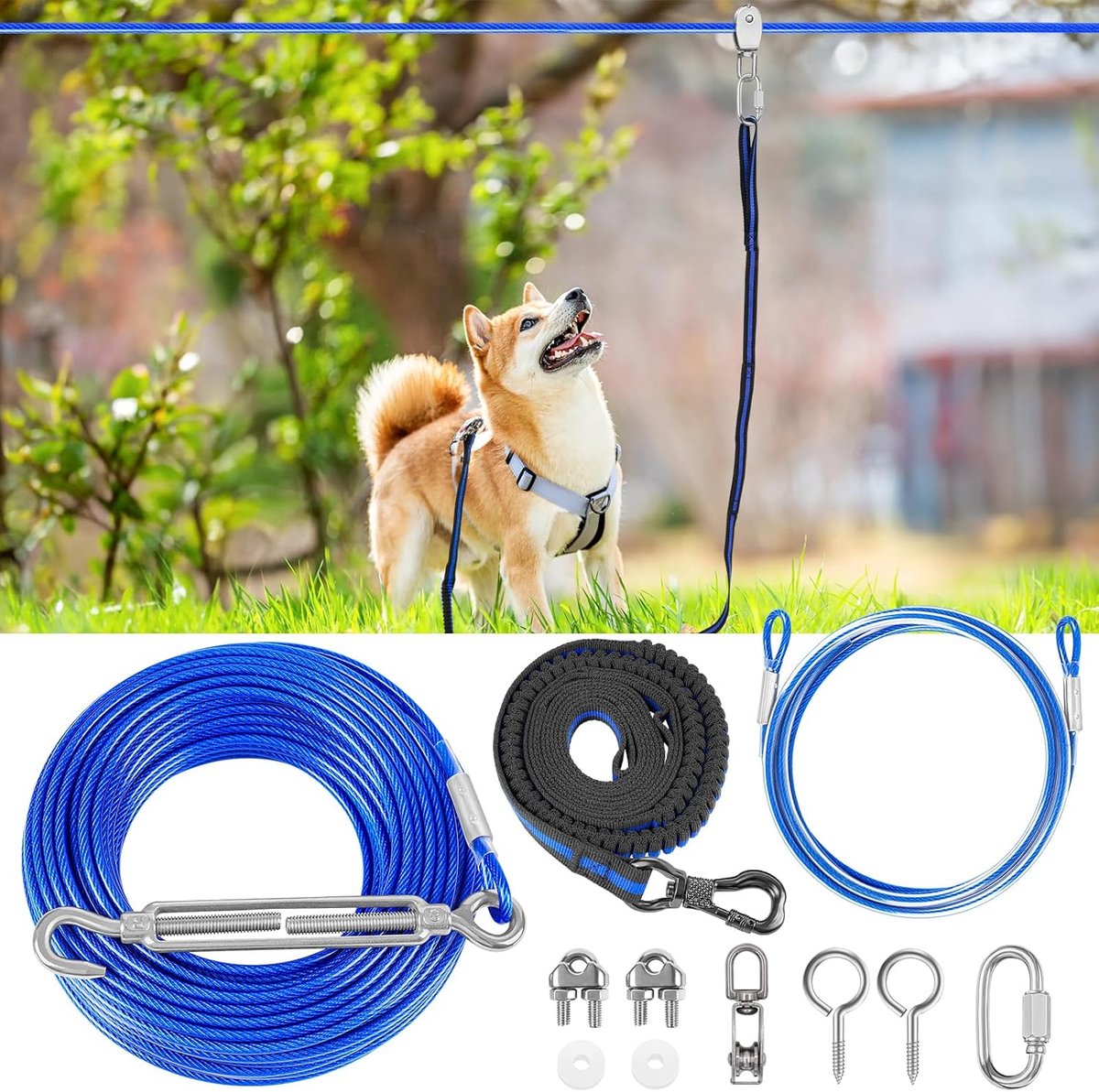 Hondentrolley - Runnerkabel Hond - Outdoor Veiligheid - Hoge Treksterkte - 15 Meter Lengte - Blauw