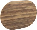 Ovaal tafelblad met bruin houtnerfprint, close-up.