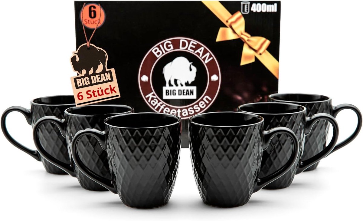 Koffiekopjes Set - Thee Mokken - Warme Dranken - Moderne Wafel Design - 400 ml - Mat Zwart