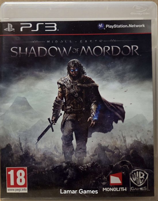 Couverture du jeu PS3 Shadow of Mordor avec un homme armé d'une épée et portant une cape, entouré de squelettes.