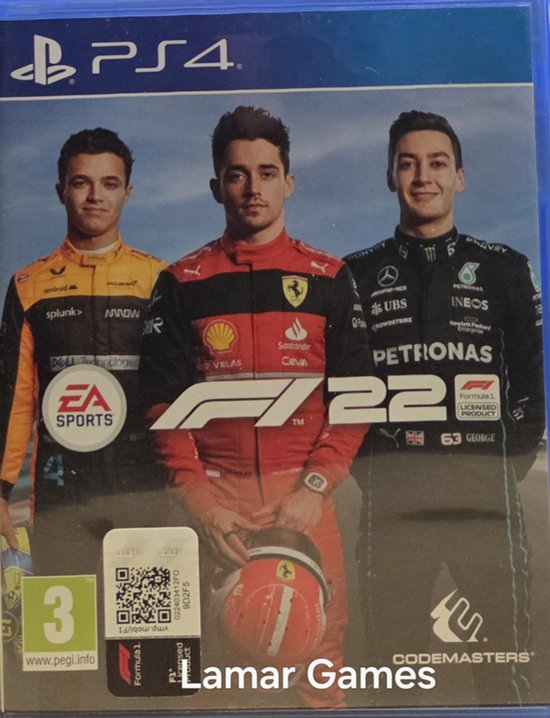 F1 22 PS4 gamehoes met coureurs Lando Norris, Charles Leclerc en George Russell.