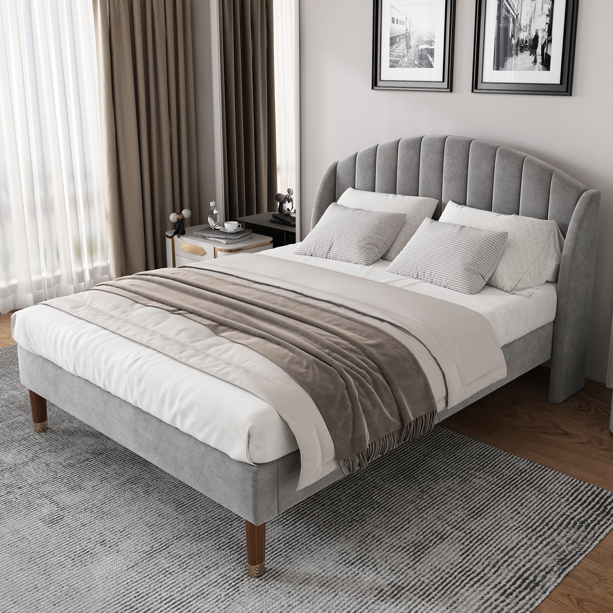 Bedframe - Afmetingen 140 x 200 cm - Gestreept bedframe en hoofdbord - Tienerbed - Geschikt voor volwassenen en tieners - Houten lattenbodem - Eenvoudig te monteren - Fluweelstof - Grijs - Matras niet inbegrepen