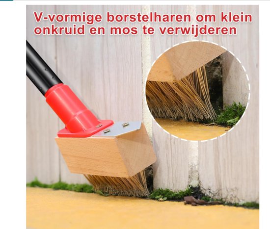 Onkruidverwijderingsborstel met Lange Steel (135cm), Onkruidverwijderaar met V-vormige Draadborstel en Bladschraper, Onkruid en Mos Verwijderen van Blokbestrating Tuinpad (3 Borstelkoppen) — afbeelding 4