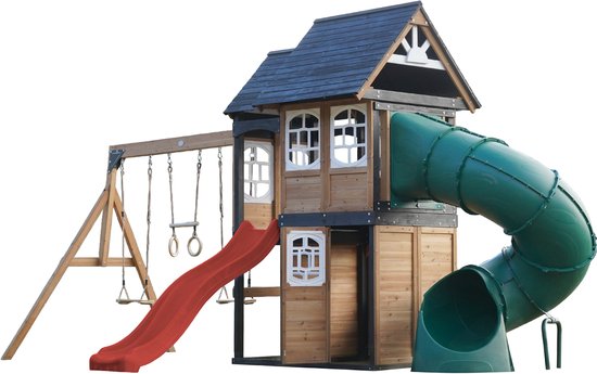 Houten speeltoestel met schommels, rode glijbaan, buisglijbaan en twee huizen.