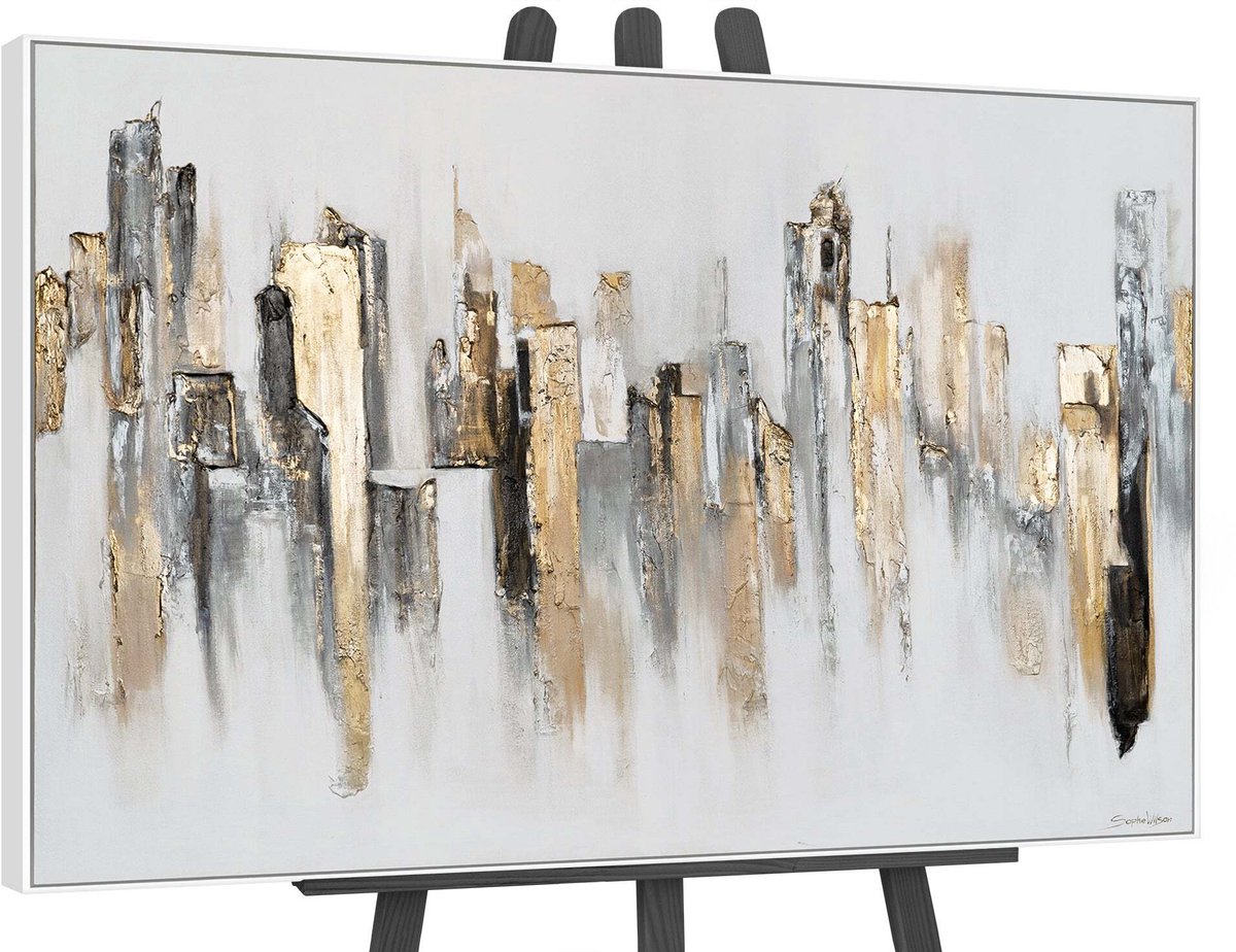 YS Canvas schilderij groot handgeschilderd stedelijke ritmes urban abstract – YS-Art Gallery – Dynamische wanddecoratie voor woonkamer – Modern schilderij voor kantoor en hal White