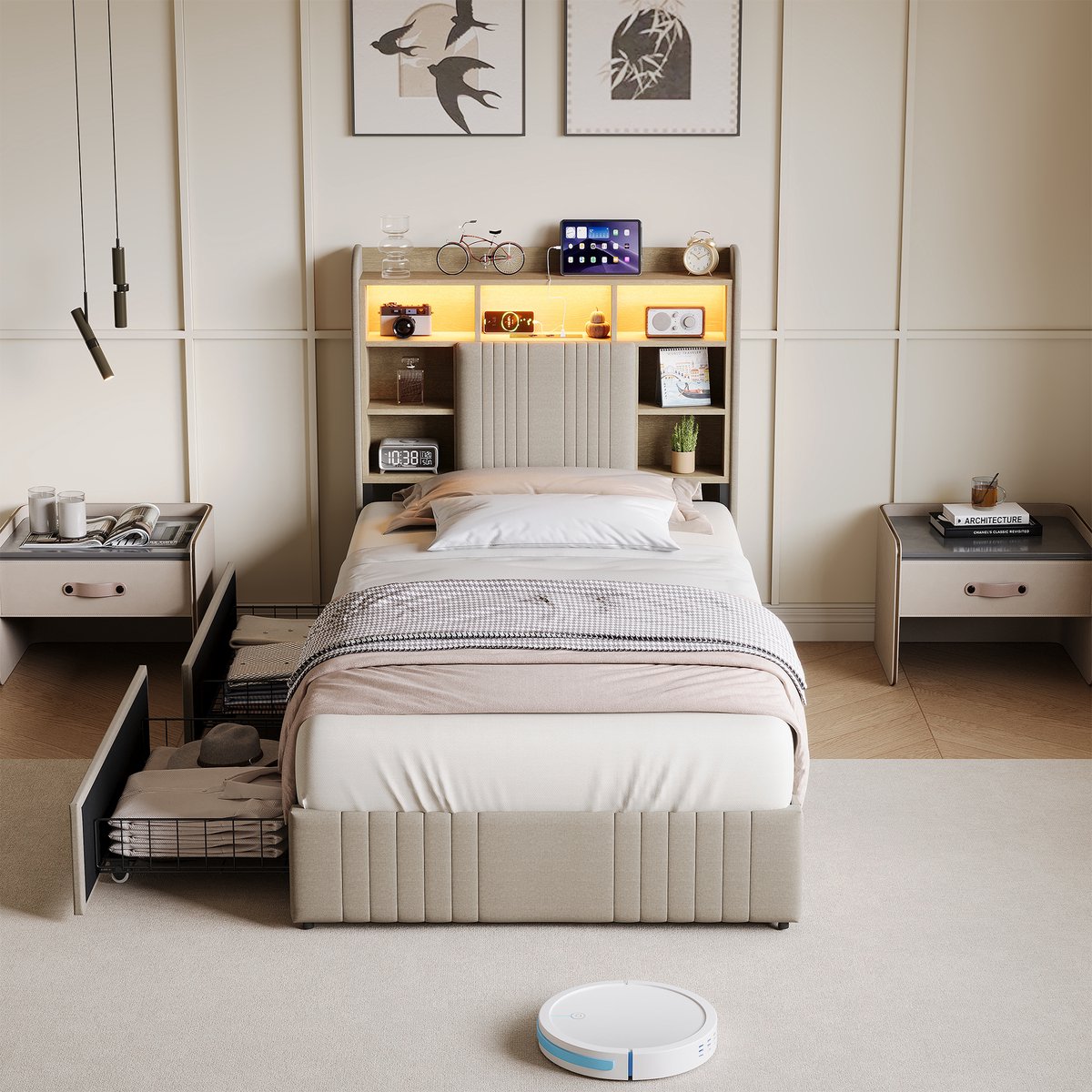 Bedframe met Lades 90x200 – LED & USB-C + Stopcontact – Hoofdbord met Opbergvakken – Linnen Beige
