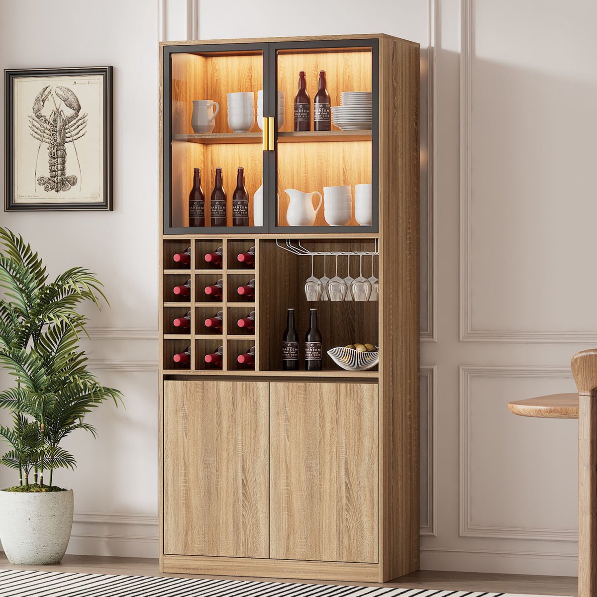 MODFU Vitrinekast - Glazen Deuren En LED-Verlichting - Modern - Voor Woonkamer Of Badkamer - MDF - Naturel