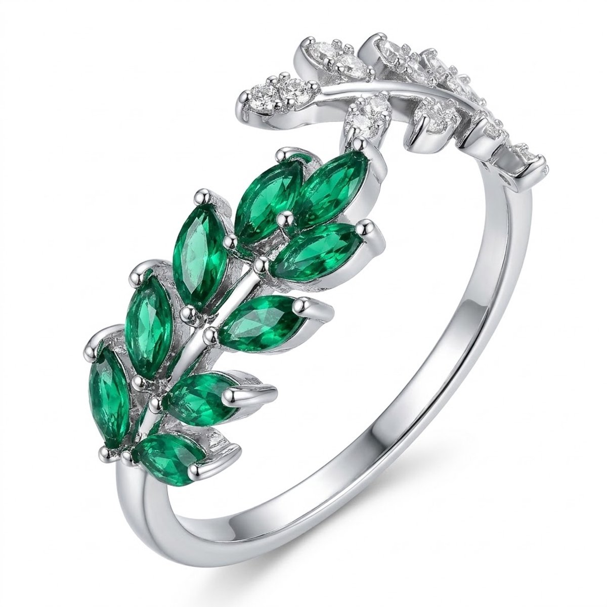 Elegante Marquise Zirkonia Ring – Open Bladontwerp (Zilverachtig Groen)