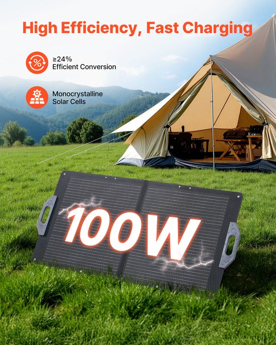 VEVOR Opvouwbaar Zonnepaneel 100w, Draagbare Zonneoplader met 24% Hoog Rendement, Monokristallijne Zonnemodule met Mc4-Uitgang, Usb-A-, Type-C- en Dc-Poorten, Ip65, voor Powerstations, Kamperen en Wandelen. — afbeelding 5