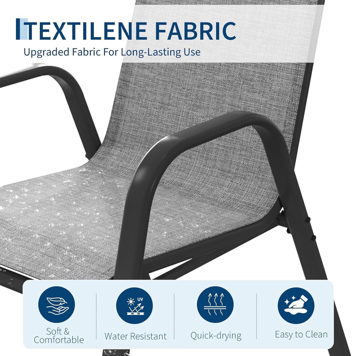 Tuinstoelen Set van 4 - Stapelbaar - Textileen & Metaal - Weerbestendig en Roestvrij - Luxe Buitenstoelen voor Tuin, Balkon & Terras - Grijs – foto 3
