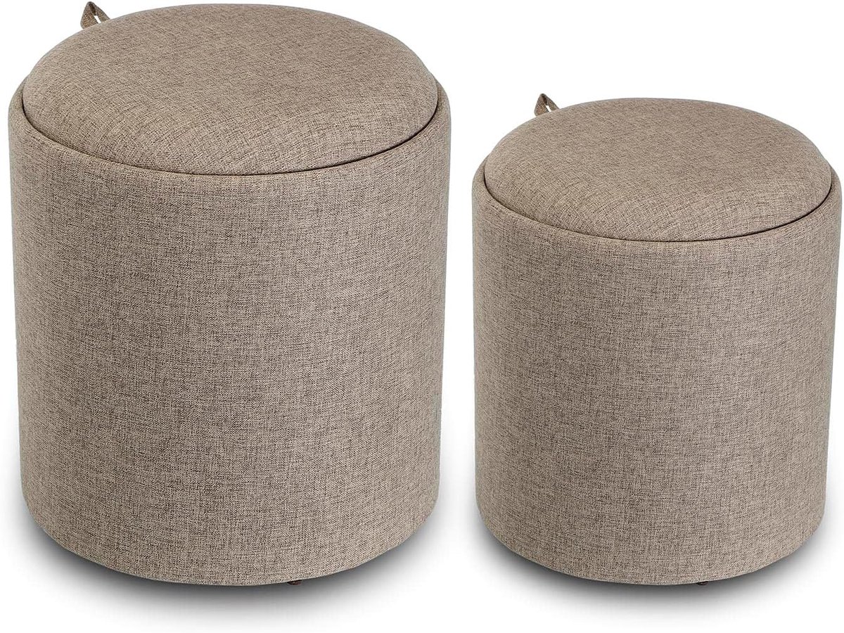 Opberg Poef Set - Zitbankje Krukje - Woonkamer Slaapkamer - Inclusief Deksel - 44x39x39 cm - Beige