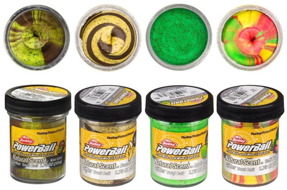 Powerbait EU Glitter Trout Bait Fruits 50g – Forelpasta met Fruitgeur en Glitter - Kleur : Chunky Cherry
