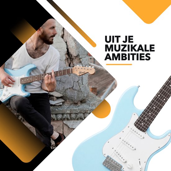 Man met baard speelt op een lichtblauwe elektrische Finesse gitaar, met "UIT JE MUSIKALE AMBITIES" tekst.