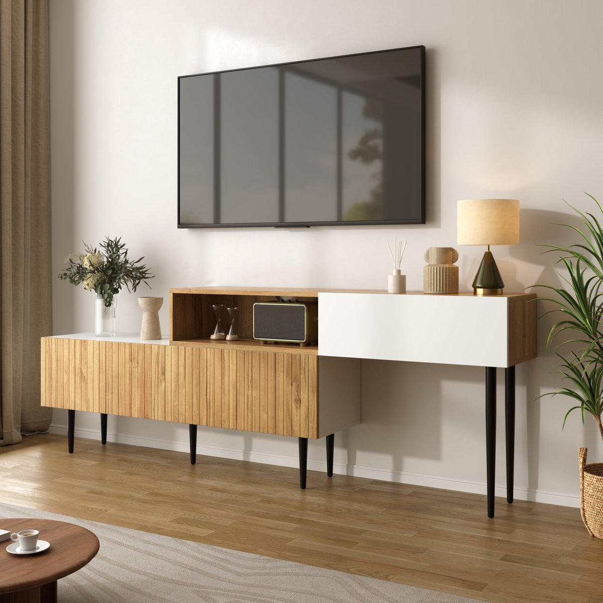 Wishdor Tv-Meubel - Modulair En Verstelbaar - Modern - Voor Woonkamer - MDF En Spaanplaat - Wit En Houtkleur - 120+120 x 30 x 63,5 cm