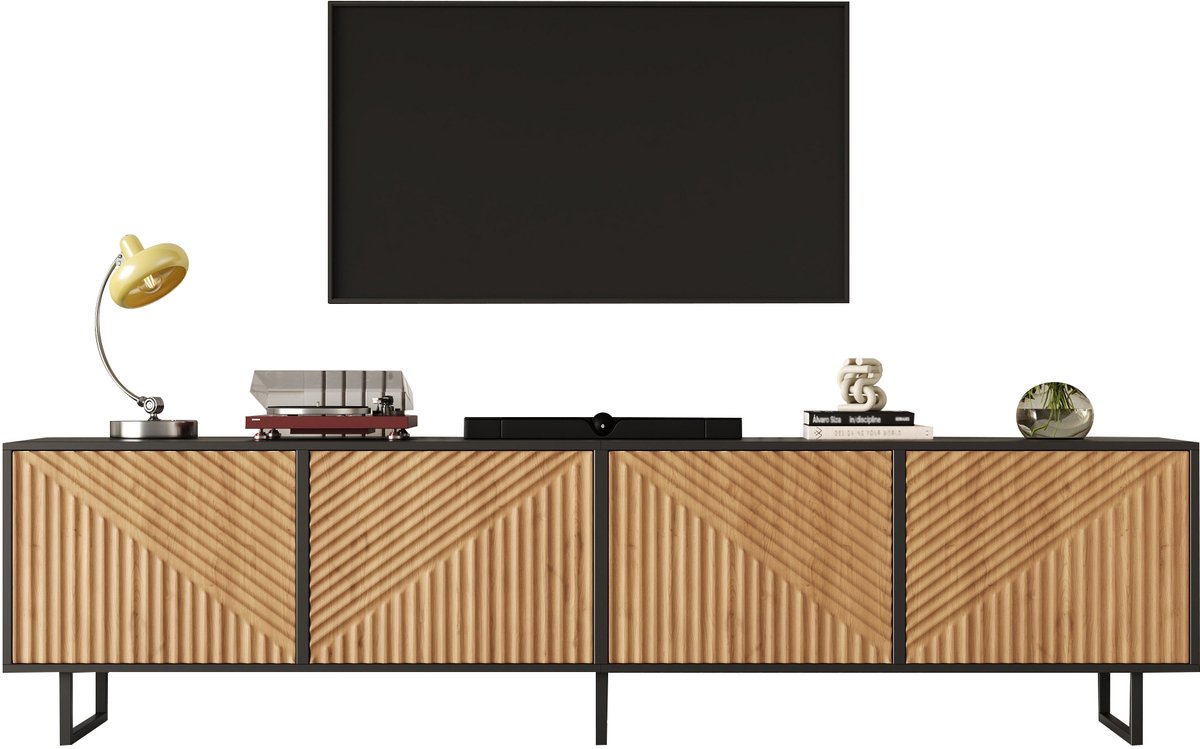 Wishdor Tv-Meubel - 4 Deuren En Symmetrisch Ontwerp - Modern - Voor Woonkamer - Spaanplaat - Natuurlijk Hout En Zwart - 180 X 40 X 50 Cm Natuurhout