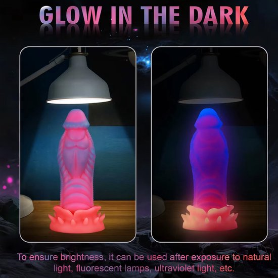 Roze en blauwe dildo die oplicht in het donker, getoond met en zonder lamp.