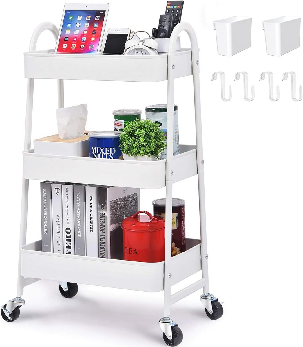 Draaibare Opbergwagen met 3 Niveaus en Wielen - Multifunctionele Keukenkar