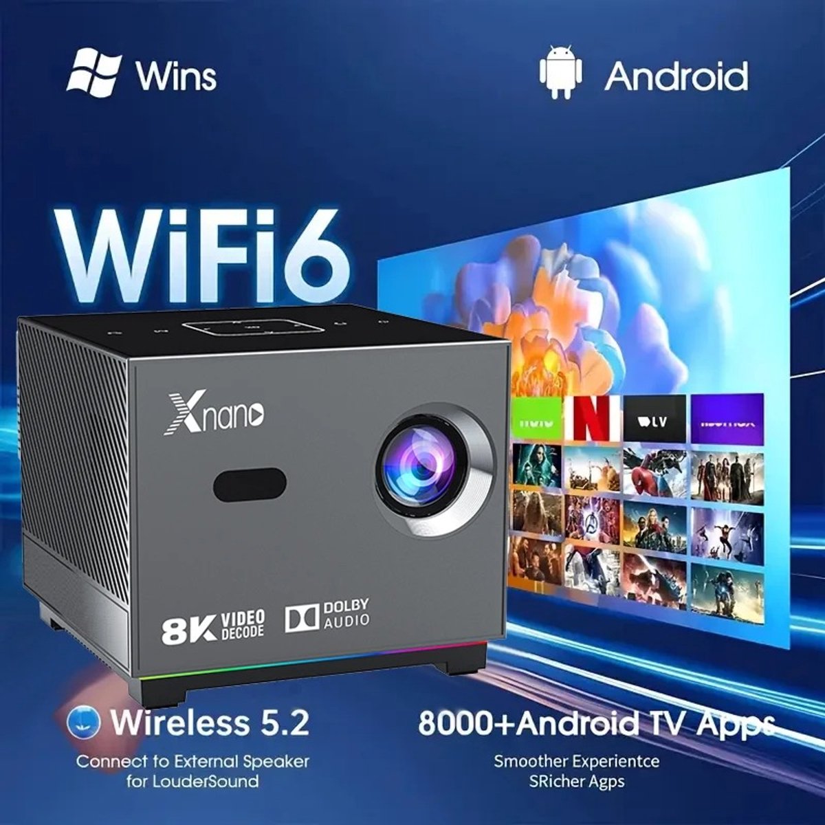 Zolara Smart Mini Beamer - 4K - 8K - Draagbare Full HD Home Cinema Projector - Android, WiFi & Bluetooth - 300 ANSI Lumen - Tot 200 Inch - Bioscoopervaring