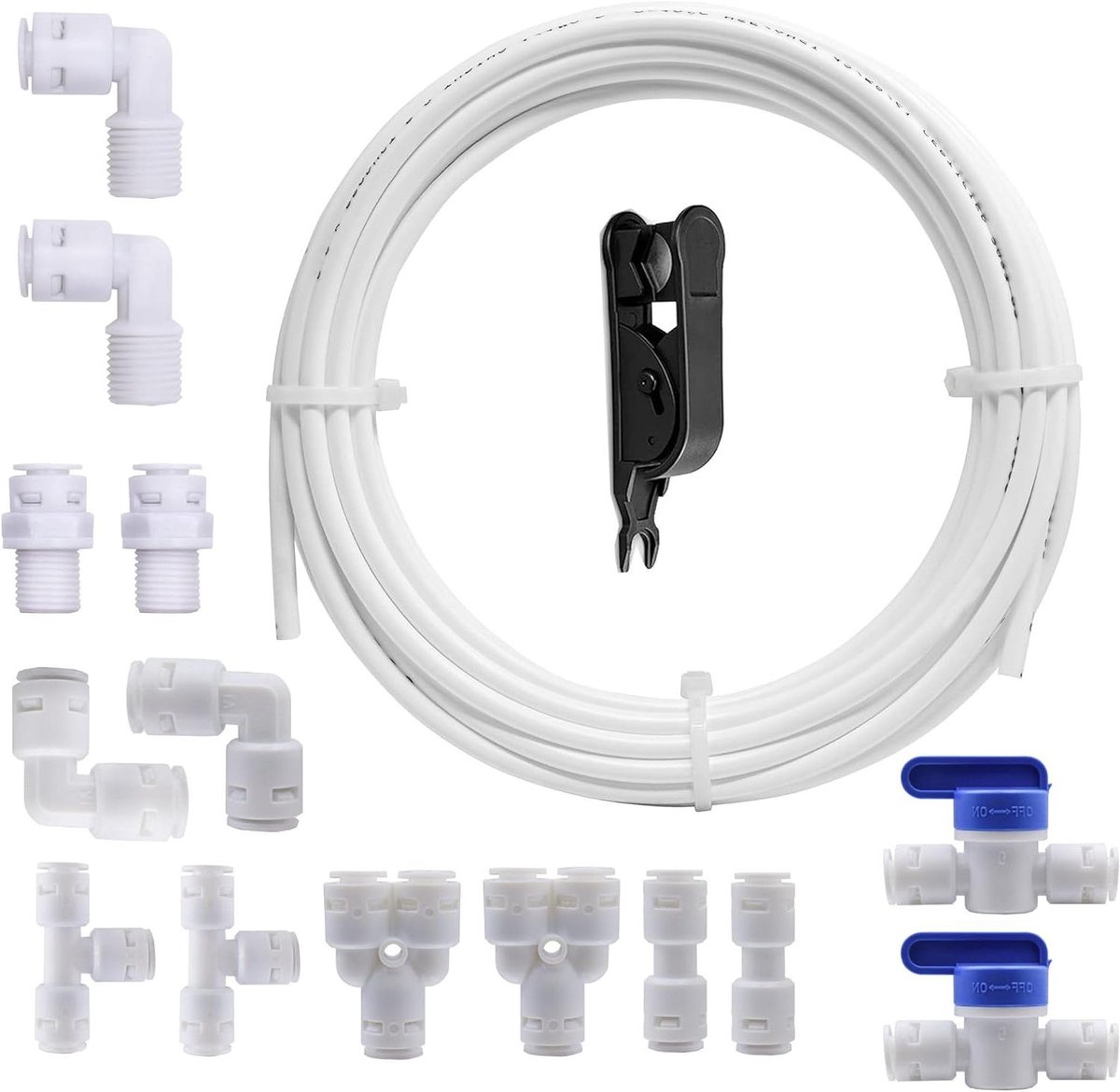 Universele aansluitset wit - 10 meter, 14-delige set RO waterfilterfitting - geschikt voor 1/4 inch slang, koelkastslang en waterslang met Y, T, I, L type en afsluitventiel.