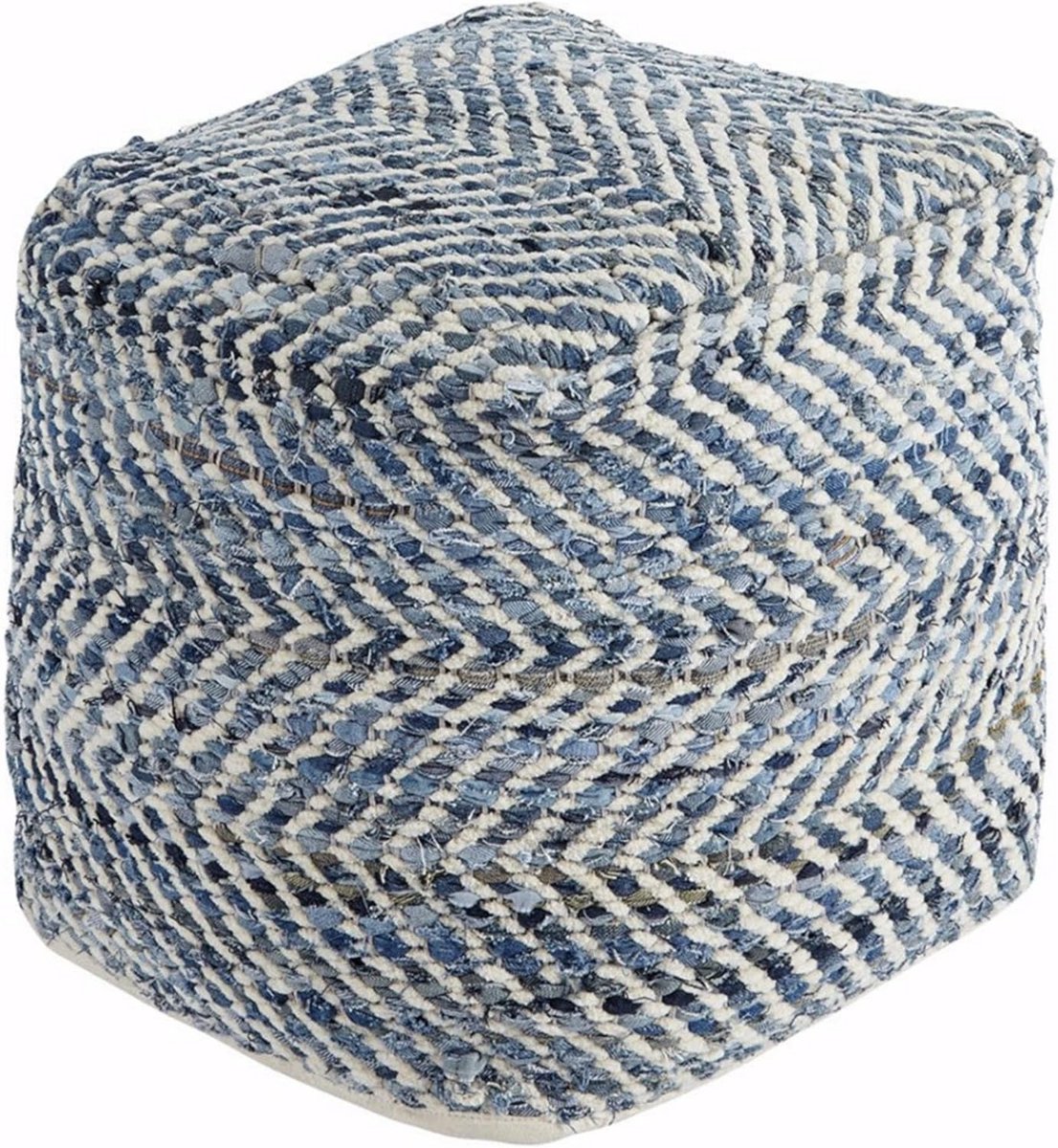 Handgeweven Zitpoef Vierkant Blauw Wit Denim Stijlvol Woonaccessoire