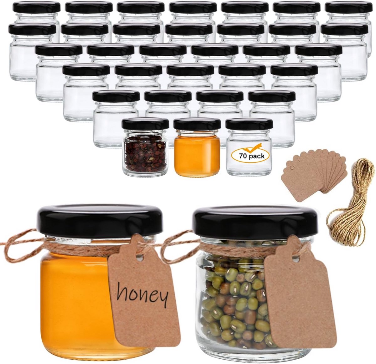 Set van 70 kleine ronde glazen potjes met zwarte deksels, 45 ml (1,5 oz), transparant glas