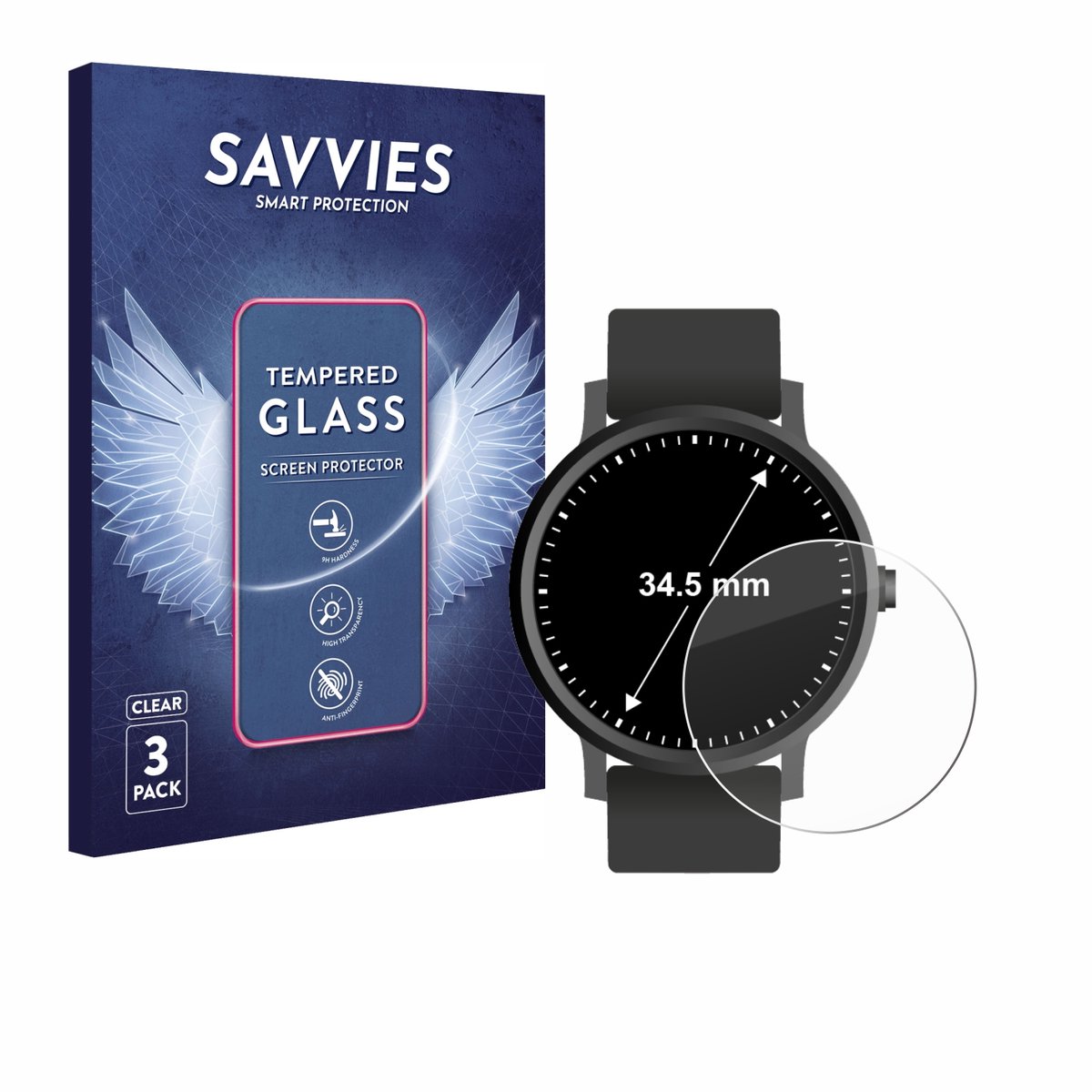 Savvies - Glas Screenprotector voor Horloges (Rond, ø: 34.5 mm) - Gehard Beschermglas 9H 3 Stuks