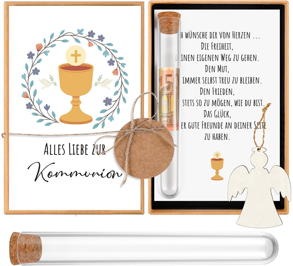 Communiegeld Cadeaukaartset - Houten Engel met Reageerbuis - Inclusief Kraftpapier Doos
