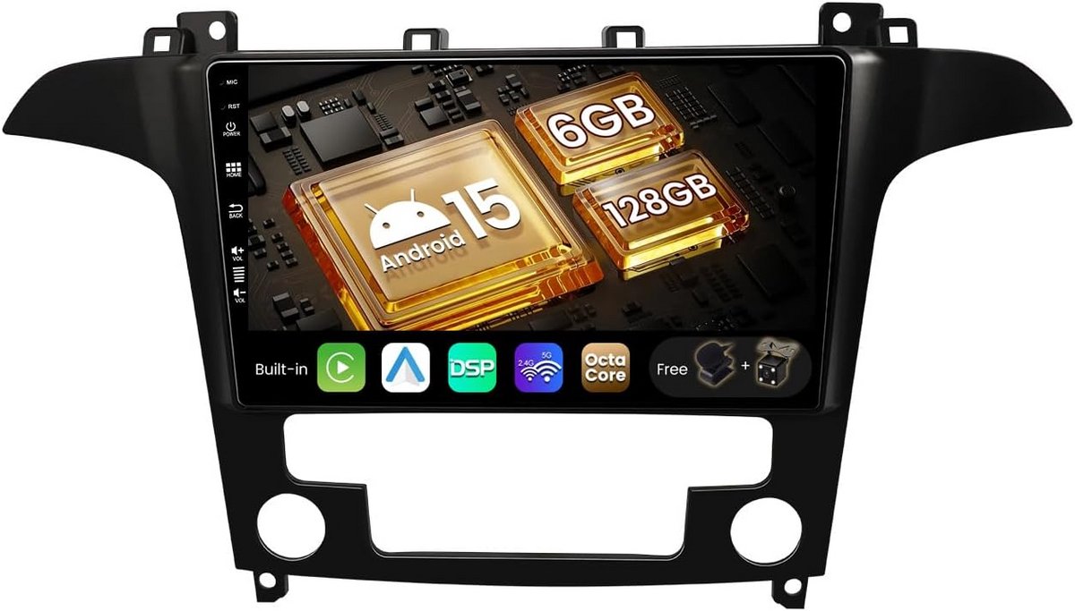 Android 14 Auto Radio 9 Inch 2 Din voor Ford S-Max (2007-2008) met CarPlay, Android Auto, DAB+ en Achteruitrijcamera