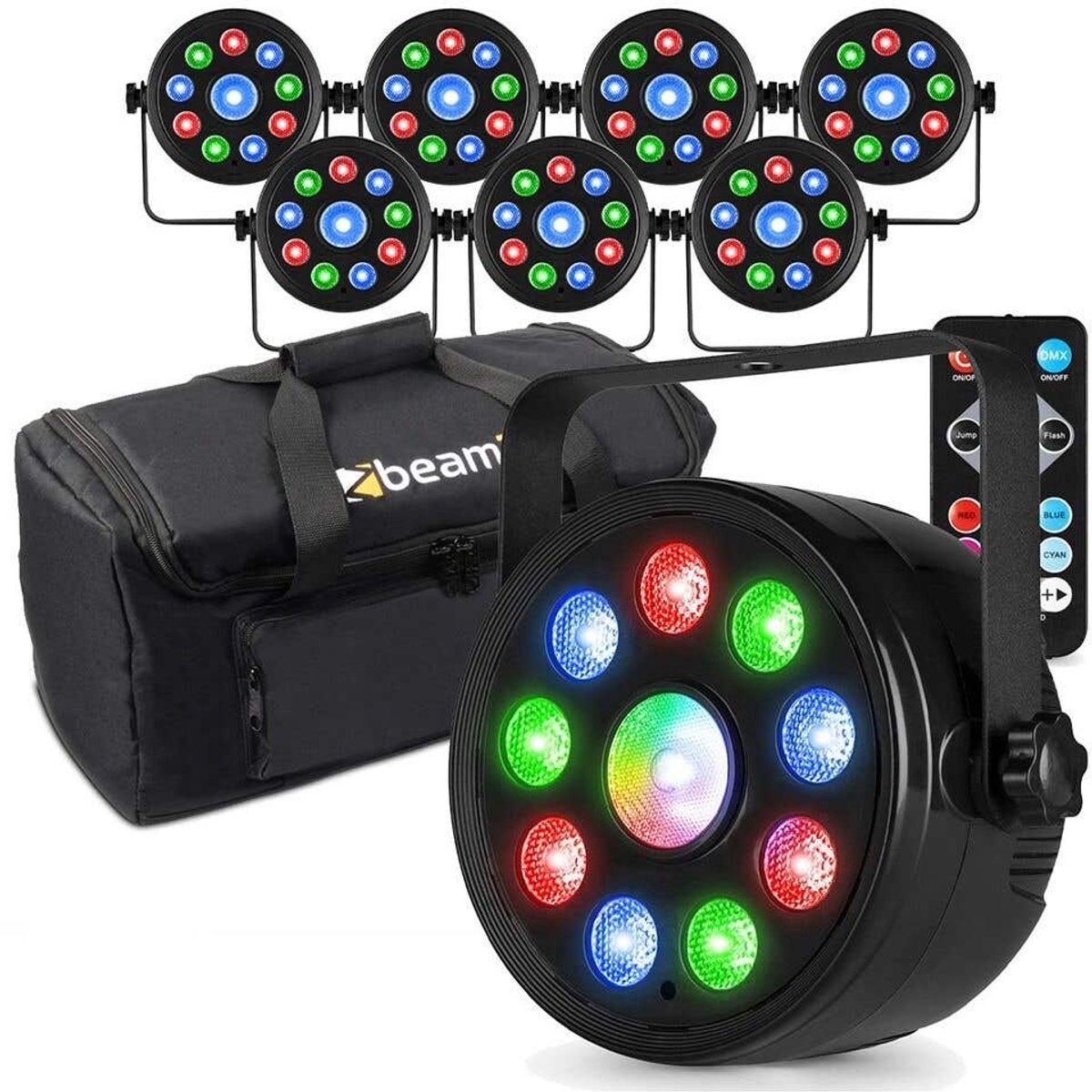Fuzzix set van 8 PLF15 Party LED parren in flightbag - 9x 2W RGB LED’s en 6W centrale LED - Met DMX