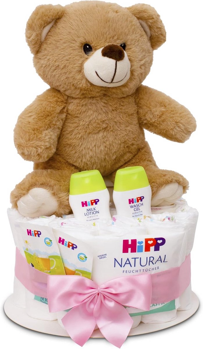 Roze luiertaart met teddybeer | Hoogwaardig cadeau voor pasgeborenen | Persoonlijk babycadeau voor geboorte