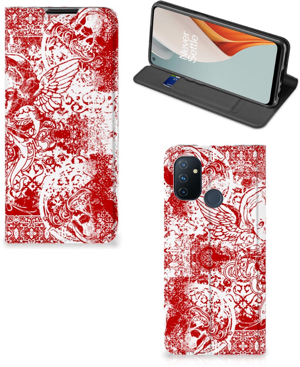 Mobiel BookCase OnePlus Nord N100 Angel Skull Rood