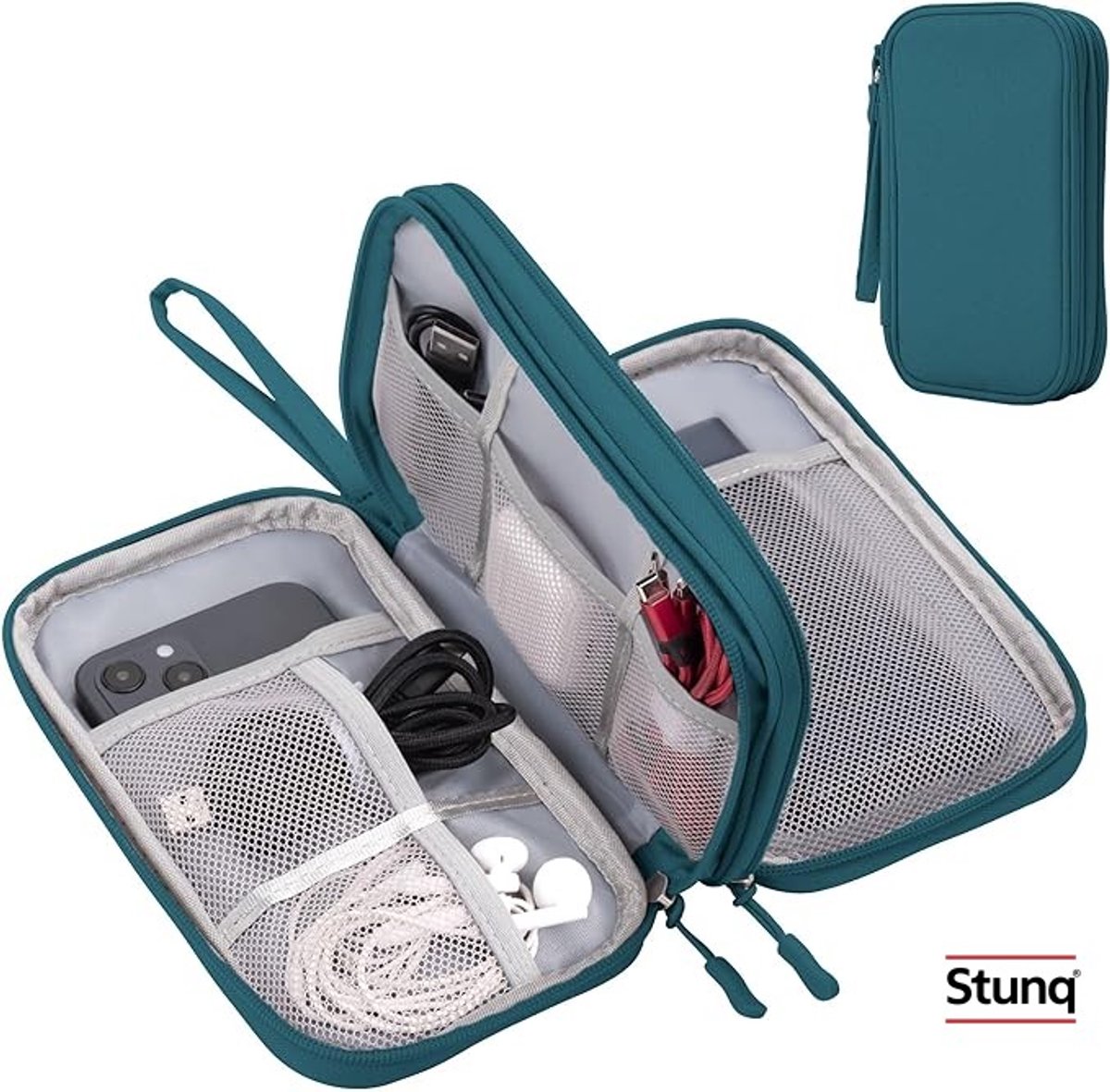 Compacte reisorganizer voor kabels en gadgets, tweelaags design met mesh vakken