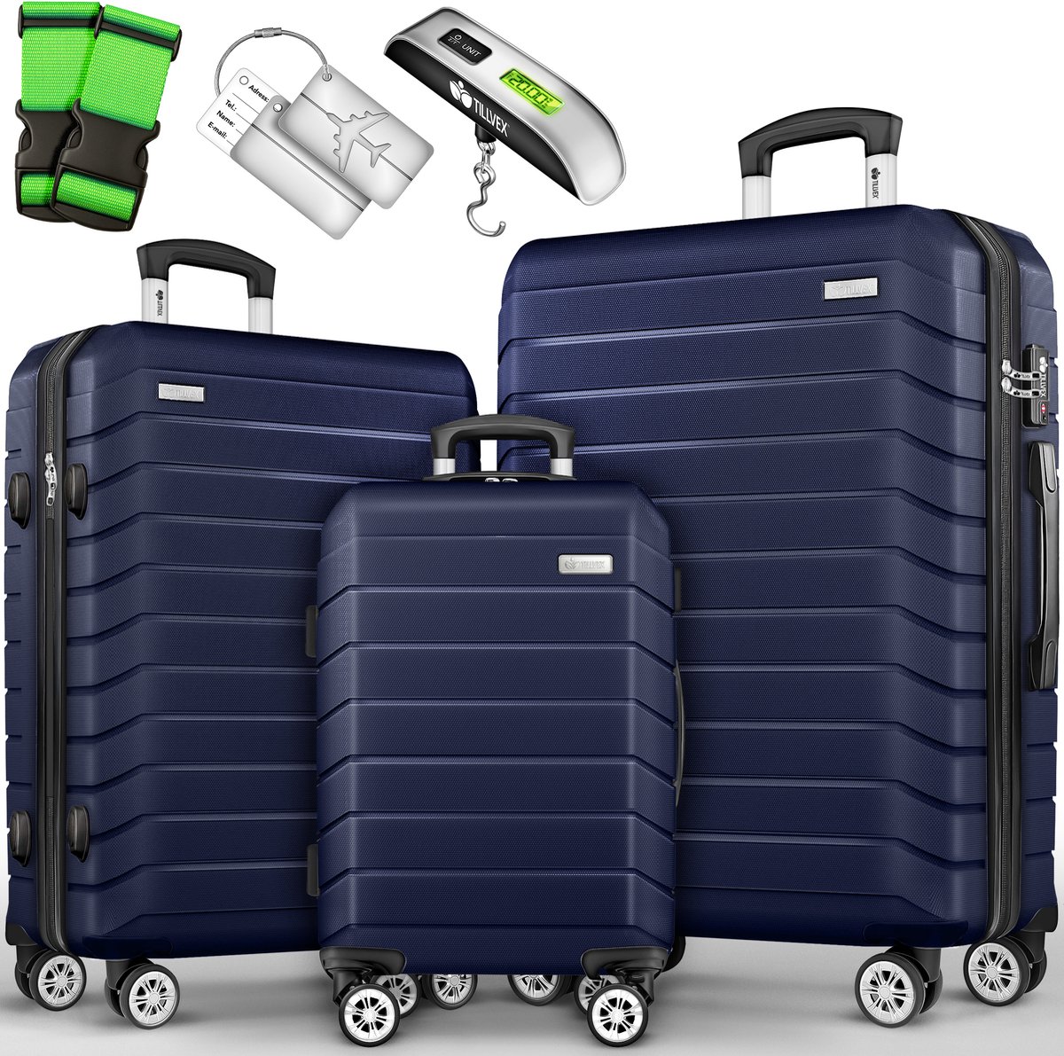 tillvex® reiskofferset 3-delig + bagageweegschaal, 6X kofferriemen & 3X kofferhangers | kofferset 4 wielen | trolley bagage koffer TSA slot | set koffer met harde schaal M-L-XL, lila, Kofferset 3tlg