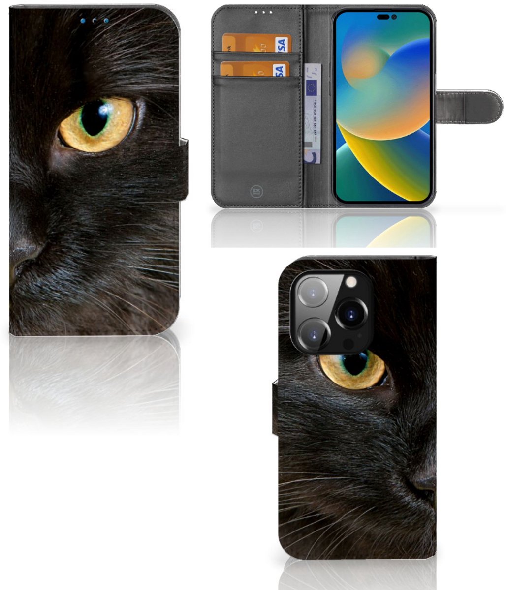iPhone 14 Pro Telefoonhoesje met Pasjes Zwarte Kat