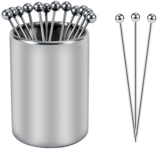 Cocktail Prikkers Set - Herbruikbare Rvs Prikkers met Houder - 12 Stuks