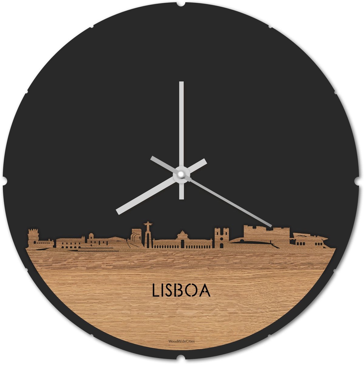 Skyline Klok Rond Lisboa Eikenhout - Ø 44 cm - Stil uurwerk - Wanddecoratie - Meer steden beschikbaar - Woonkamer idee - Woondecoratie - City Art - Steden kunst - Cadeau voor hem - Cadeau voor haar - Jubileum - Trouwerij - Housewarming -