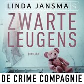 Boekcover 'Zwarte leugens' met teddybeer en tekst 'Linda Jansma', 'Zwarte leugens', 'Thriller', 'De Crime Compagnie'.