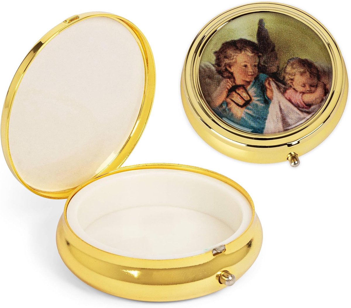 Metalen etui Goud Ø 5cm Engelenmotief Rozenkrans Rond Communie