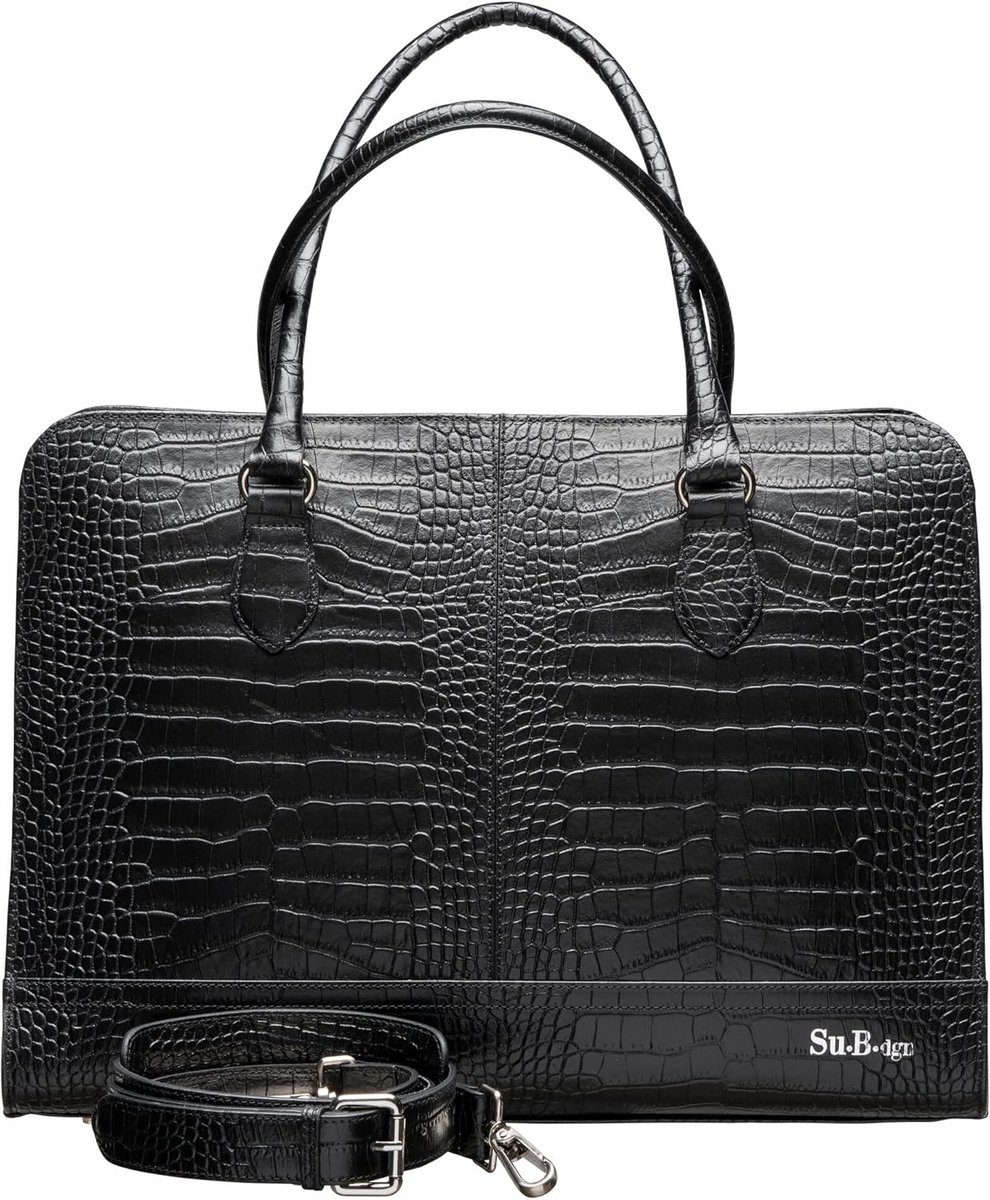 Laptop Bag 15.6 inch - Croco Print Leather - Dutch Design - Made in Italy - Shoulder Bag with Laptop Compartment - Black