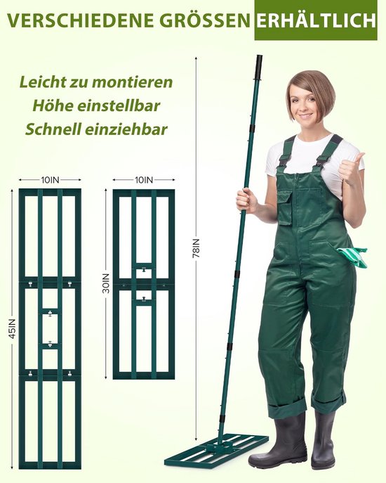 76 x 25 cm, nivelleerhark, brede gazonhark voor zanden, rakel voor gazon met 198 cm steel, tuinhark verticuteerder voor erf, tuin, golfbaan — afbeelding 5