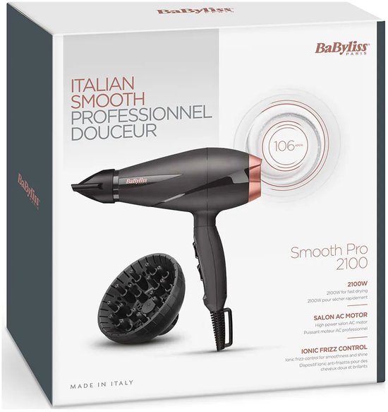 BaByliss Smooth Pro 2100 Föhn 6709DE - Fohn met diffuser en blaasmond - Haardroger - Professionele AC-Motor - 2100 Watt - Coolshot