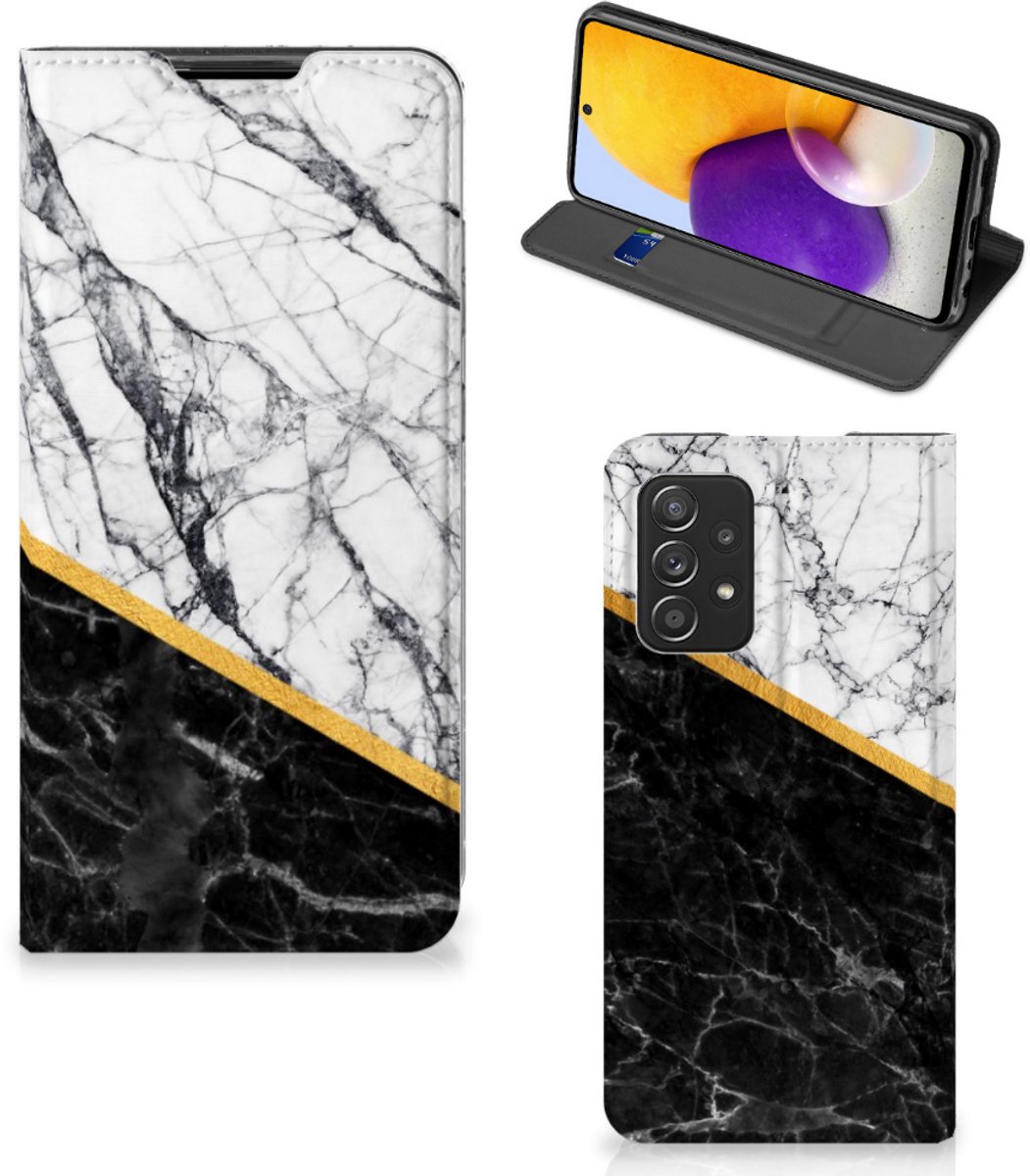 Samsung Galaxy A72 (5G/4G) Standcase Marmer Wit Zwart - Origineel Cadeau Man