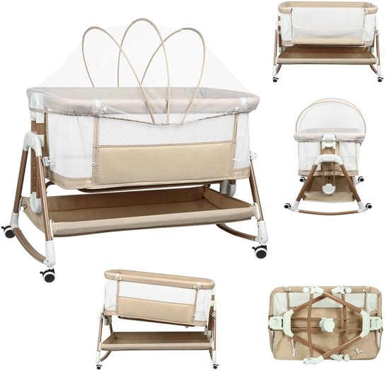 Collage: beige babybedje met muskietennet, verstelbare hoogtes, wiegfunctie en vouwmodus.