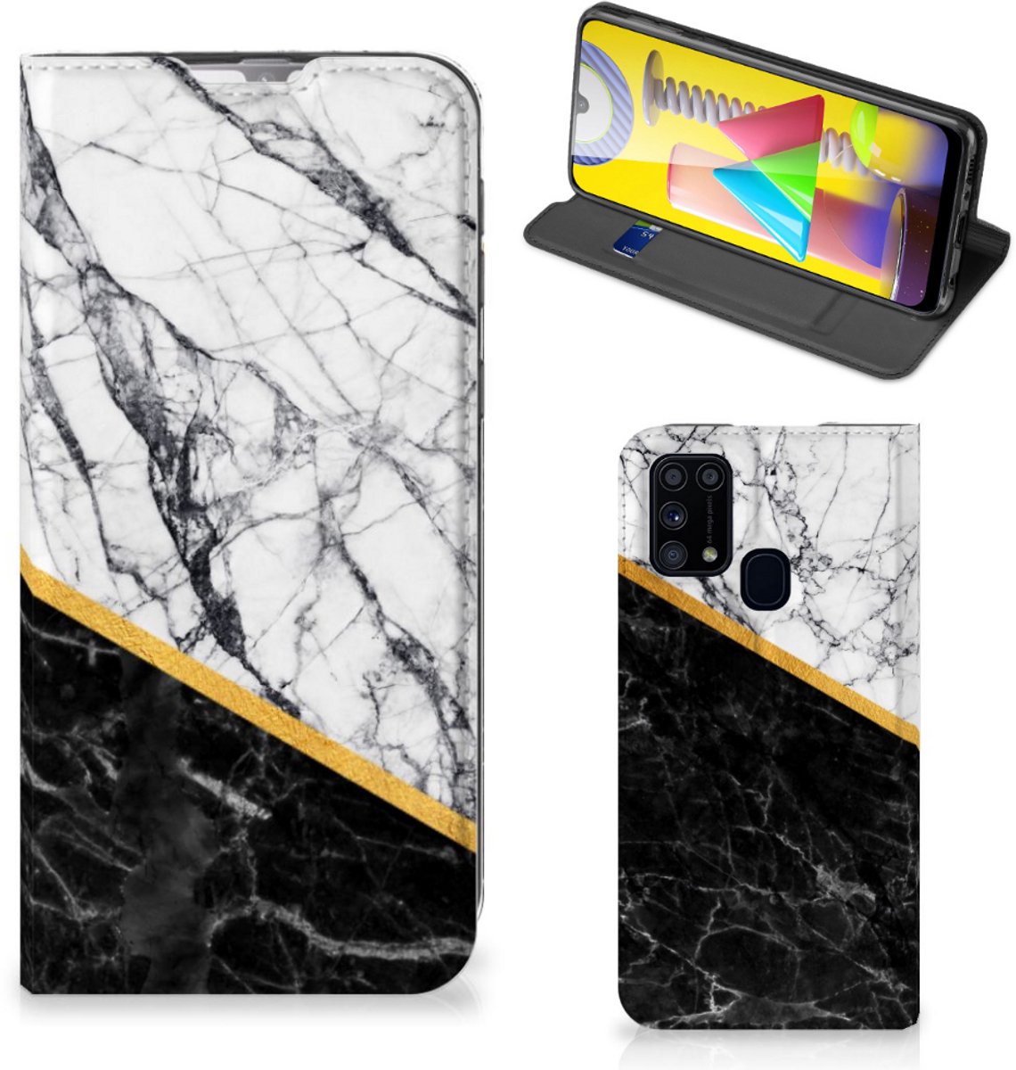 Samsung Galaxy M31 Standcase Marmer Wit Zwart - Origineel Cadeau Man
