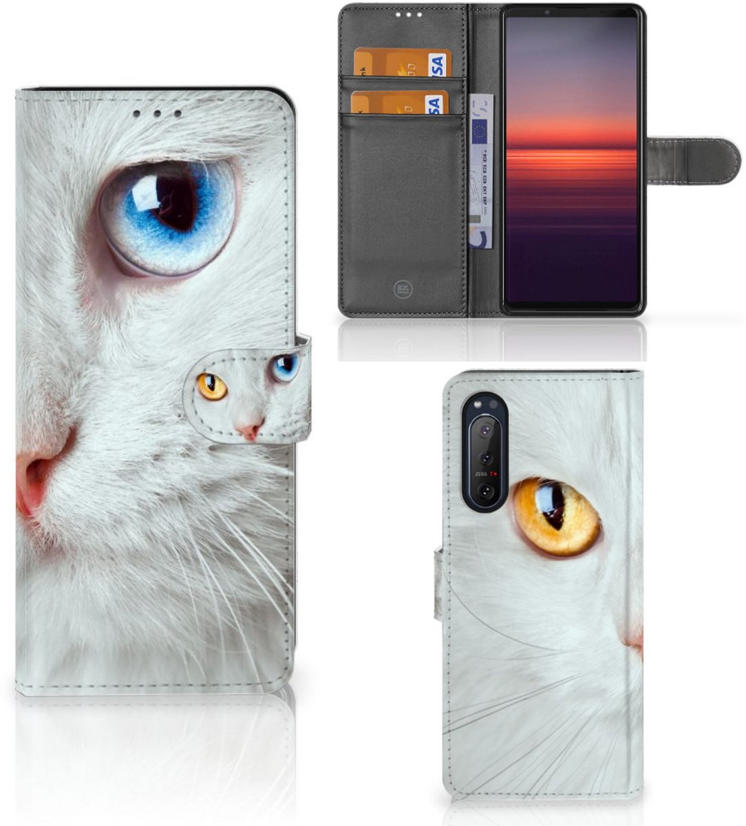 Sony Xperia 5II Telefoonhoesje met Pasjes Witte Kat