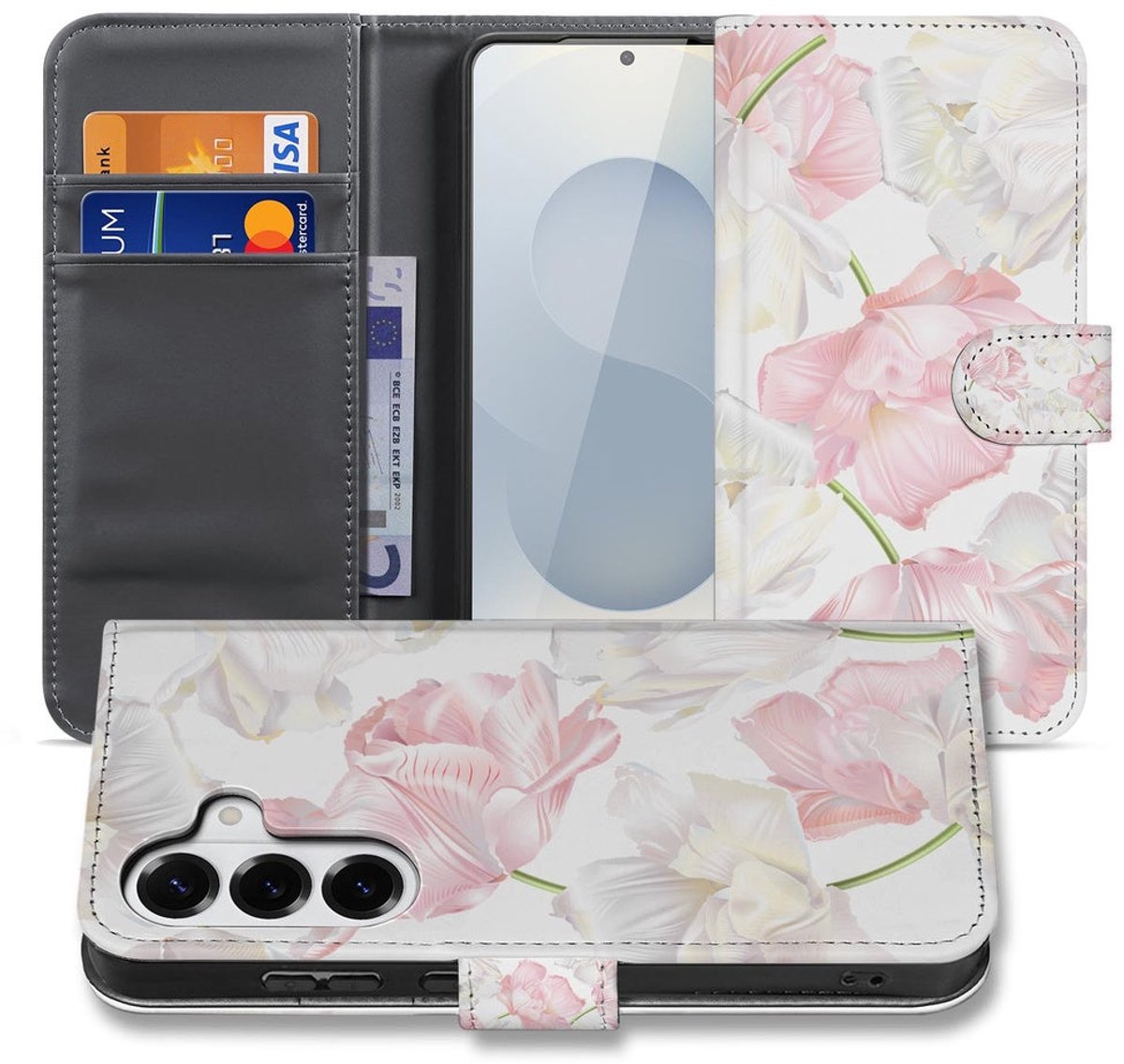 Samsung Galaxy S26 Plus Bookcase Hoesje Lovely Flowers Roze Wit