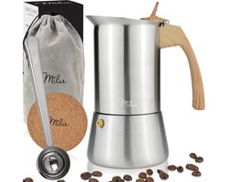 Espressomachine voor inductiekookplaten, 2-9 kopjes, roestvrij staal, inclusief onderzetter en lepel
