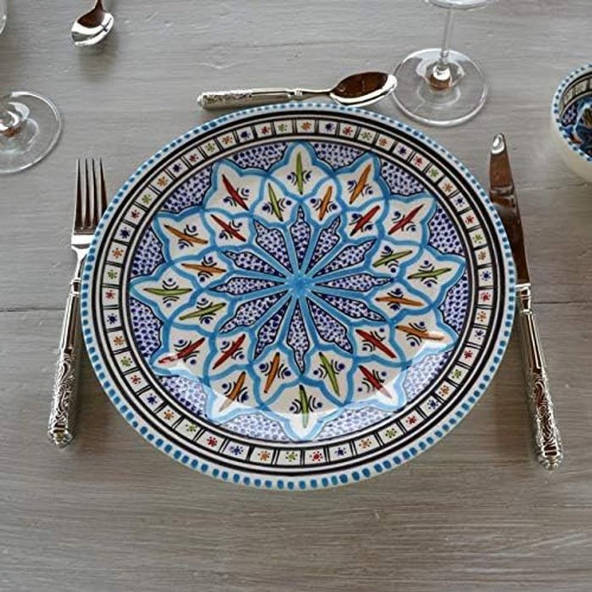 Set van 6 Platte Borden 24 cm - Handversierd Turquoise Servies